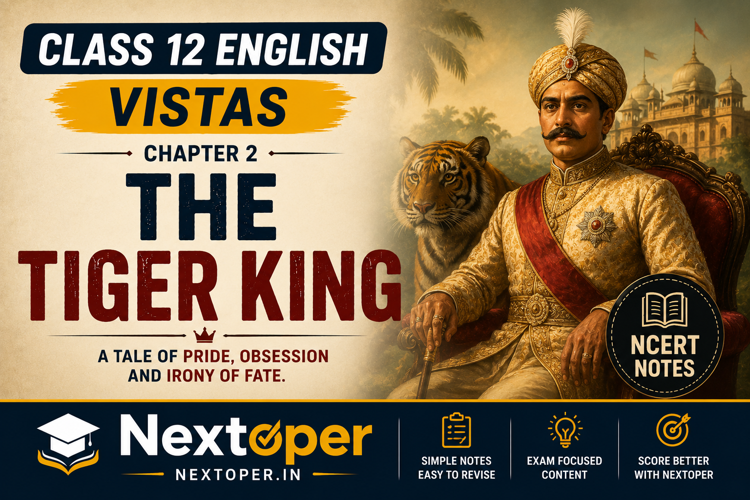 You are currently viewing CBSE Class 12 The Tiger King PDF Notes: Chapter Summary, themes, MCQs, PYQs and FAQs | Nextoper Notes